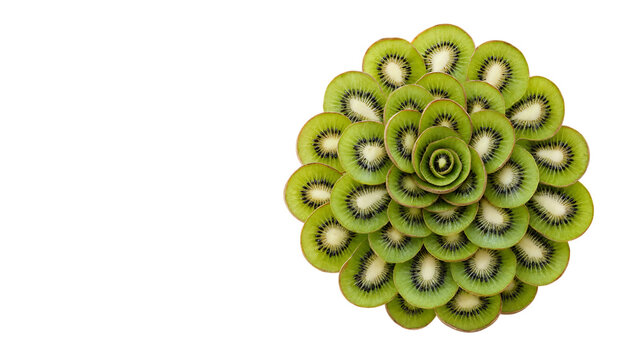 Fresh sliced kiwi fruit arranged in artistic spiral pattern design transparent background