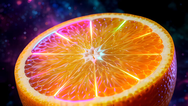 A vibrant cross section of a fresh orange glowing with neon light effects against a dark space background.