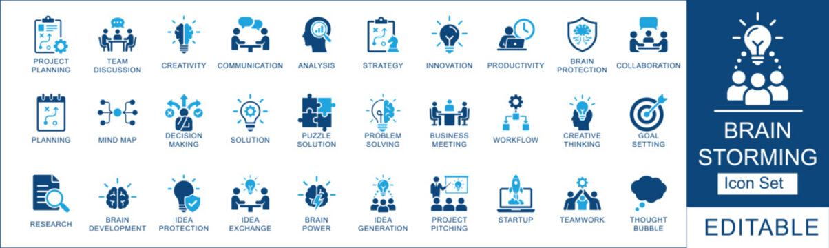 Brainstorming icon set. Featuring  problem solving, creative thinking, and decision making. Vector icons for project planning.