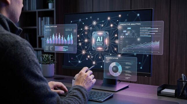 Futuristic AI insights engine analyzing global data flow, predictive analytics, and segmentation on a modern digital interface screen for business intelligence technology