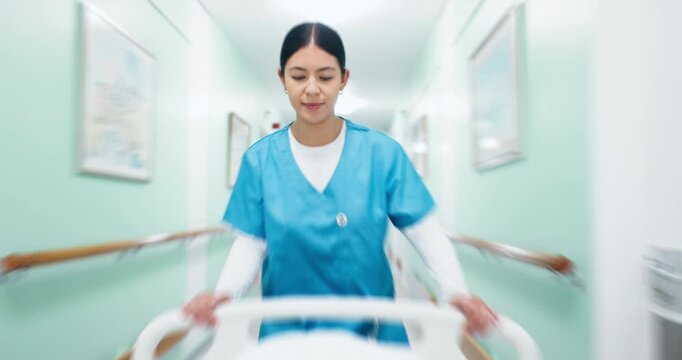 Emergency, running and nurse with bed in hospital for operation, icu or ER healthcare in hallway. Rush, woman and medical worker with stretcher for surgery, treatment or support in clinic corridor.