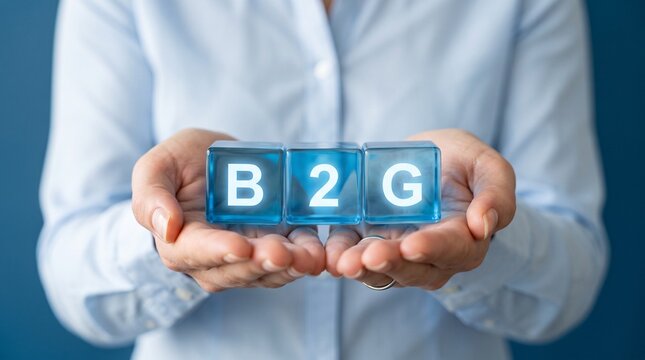 B2G business to government acronym on blue glass cubes, businesswoman holding B2G blocks, public sector marketing and sales concept