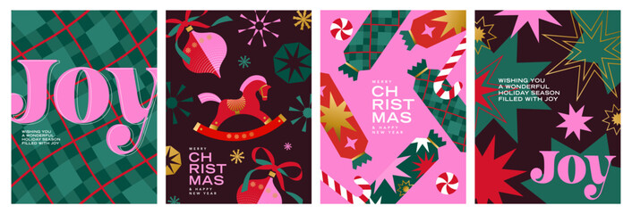 Obraz premium Modern Christmas poster collection with bold typography, geometric ornaments, plaid patterns and festive illustrations. Ideal for branding, packaging, posters, greeting cards and social media.