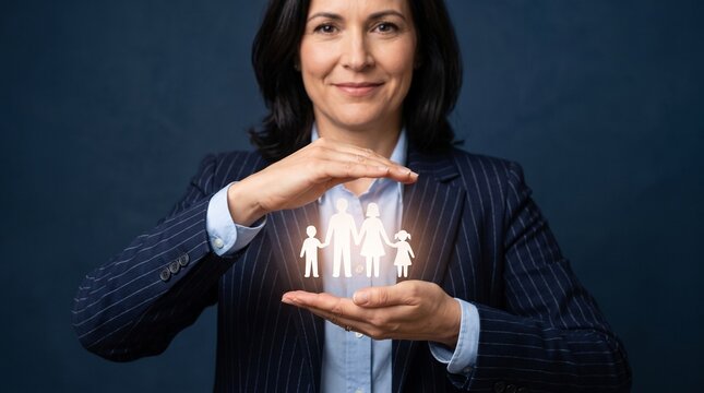 Family insurance concept with businesswoman protecting glowing icons, life insurance agent holding hands over family silhouette, financial security and protection
