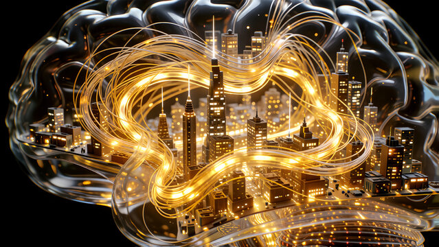 Futuristic conceptual illustration of a glowing city skyline inside a human brain structure.