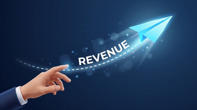 Revenue growth concept with glowing paper plane, business hand pointing at financial success trajectory, blue corporate background with profit increase