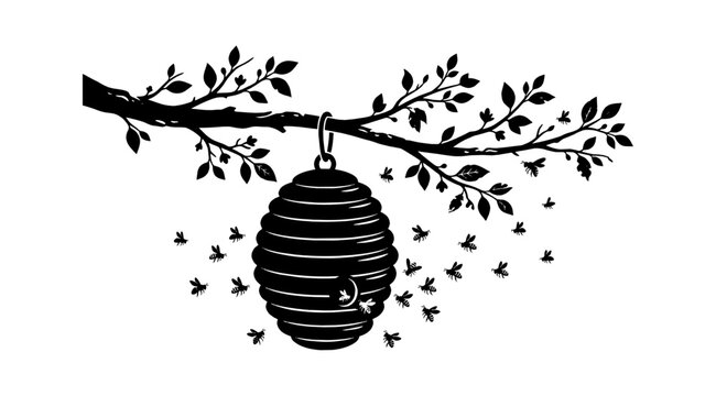 Black and white illustration of a beehive hanging on a tree branch with flying bees