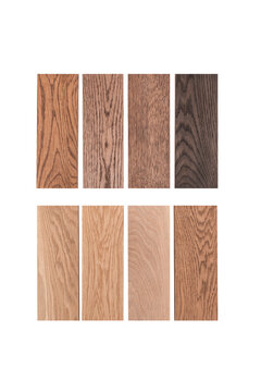 Eight oak wood color swatches and veneer samples isolated on white background.