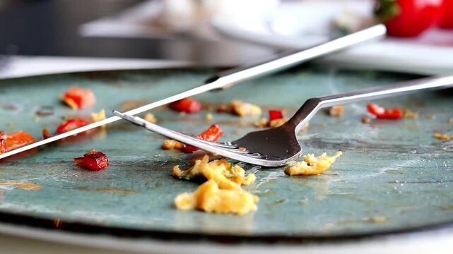 Close up of an empty blue plate with leftover food scraps, fork, and knife suggesting a completed meal in a restaurant setting