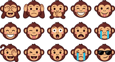 Fototapeta premium Cute Monkey Emoji Icon Set with Three Wise Monkeys See No Evil Hear No Evil Speak No Evil and Various Facial Expressions