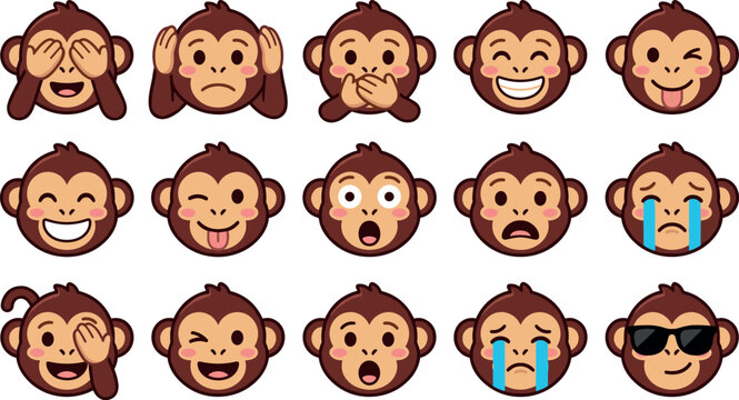 Cute Monkey Emoji Icon Set with Three Wise Monkeys See No Evil Hear No Evil Speak No Evil and Various Facial Expressions