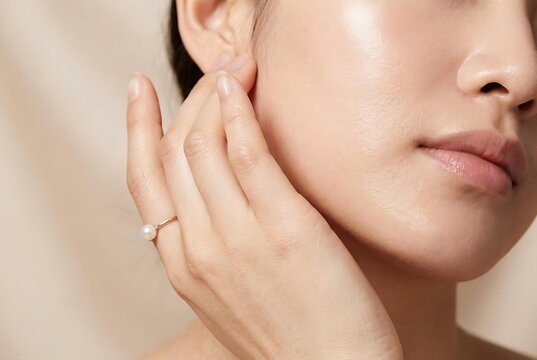 Close up of woman with glowing skin touching her face, beautiful Asian model showing healthy glowing skin for skincare treatment and natural glowing skin beauty product concept.
