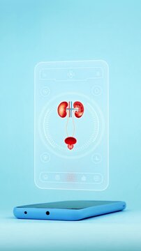 Doctor using mobile app interface on smartphone for male urinary system diagnosis, innovative technology for early detection of urinary tract infections and bladder stones. Light blue background.