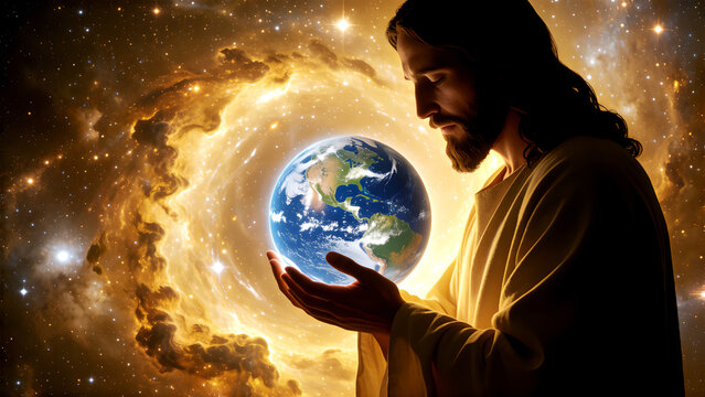 Jesus Christ holding planet Earth in his hands against a cosmic nebula background.