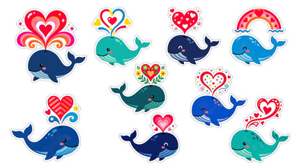 Fototapeta premium Cute Whales with Hearts and Rainbows Illustrations