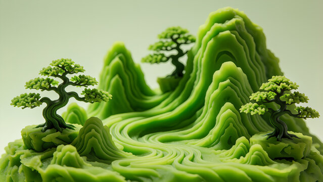 A beautiful artistic cake decorated with green matcha cream shaped like a miniature mountain landscape with bonsai trees.