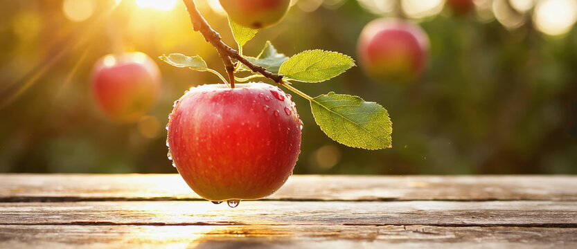 Red apple hanging on a branch above a wooden table. Fresh organic fruit harvest in a sunny garden. Agriculture and healthy lifestyle concept. Autumn orchard background with sunlight.