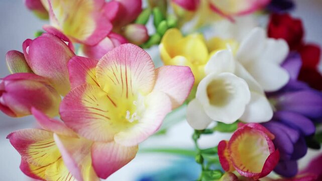 Colorful freesia flowers bouquet in spring season macro shot cinematic close up light natural indoor.