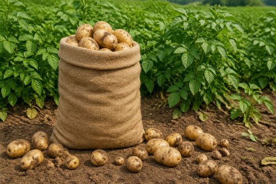 Fresh potato harvest in burlap sack standing in plowed field. Raw organic vegetable pile on soil against green plant row. Agriculture, farming concept, autumn seasonal food production.