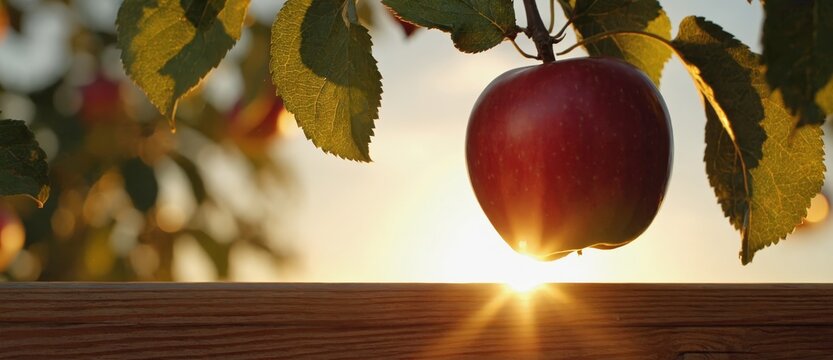 Ripe red apple hanging on tree branch against sunset. Harvesting agricultural product in organic orchard garden. Rural farm seasonal picking lifestyle and healthy food nature concept.