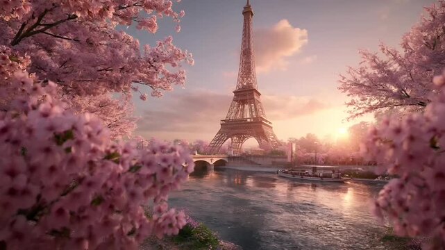 Paris, France, Europe. A vivid portrayal of the Eiffel Tower, the iconic landmark in Paris, France, bathed in the warm glow of the setting sun.