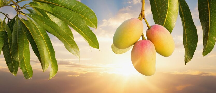 Ripe mango fruit hanging on tree branch against sunset sky. Fresh tropical harvest in nature. Healthy organic food and agriculture concept for agricultural production and summer season.