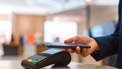Fototapeta premium Person Using Smartphone for Contactless Payment at POS Terminal