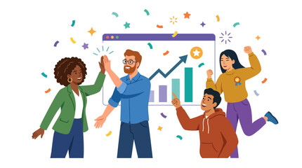 Fototapeta premium Diverse team celebrating success with rising graph and confetti