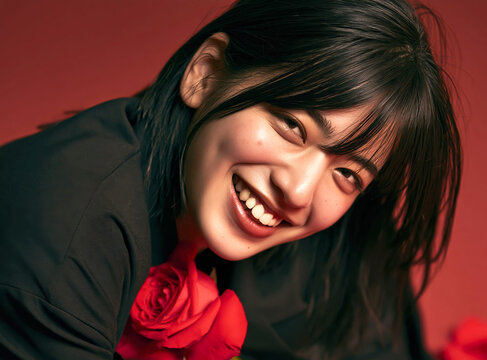 Korean woman holding a red rose creates a romantic and elegant visual perfect for Valentine&rsquo;s Day, fashion, or floral-themed.