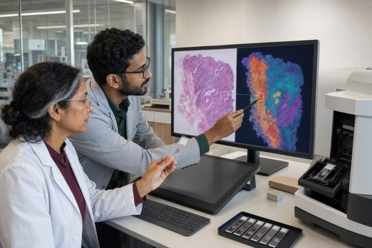 scientists prepare a tumor biopsy for single-cell sequencing in a microfluidic system while a cluster map reveals diverse cancer and immune cell populations for precision oncology research