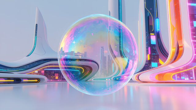 A large iridescent soap bubble floating in front of a futuristic neon city architecture.