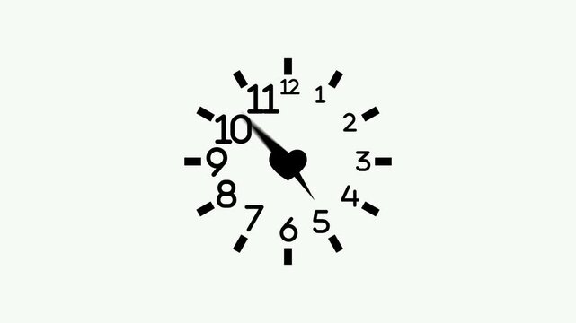 Clock numbers and hands around a heart of time and love animation