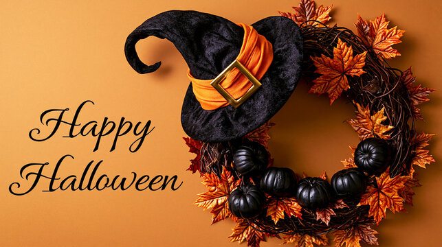 Halloween composition on a warm terracotta orange background, wreath positioned on the right side, left side featuring the text "Happy Halloween" in elegant black handwritten scrip