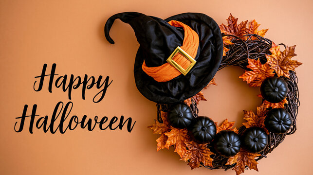 Halloween composition on a warm terracotta orange background, wreath positioned on the right side, left side featuring the text "Happy Halloween" in elegant black handwritten scrip