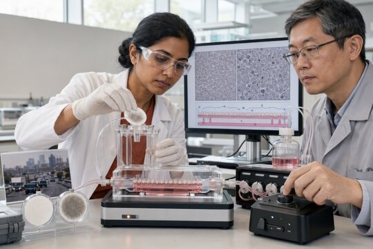 scientists expose a lung-on-a-chip barrier model to simulated air pollution particles, controlling airflow and culture medium while monitoring respiratory tissue damage
