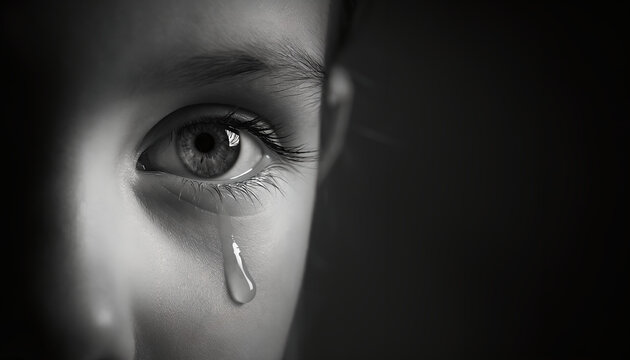 Close up black and white portrait of a young girl crying with a single tear.
