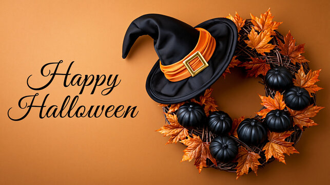 Halloween composition on a warm terracotta orange background, wreath positioned on the right side, left side featuring the text "Happy Halloween" in elegant black handwritten scrip