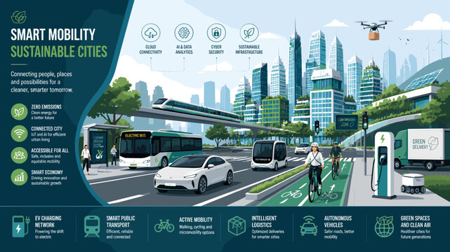 An illustration of a smart, sustainable city showcasing various modern and eco-friendly transportation methods and urban infrastructure.