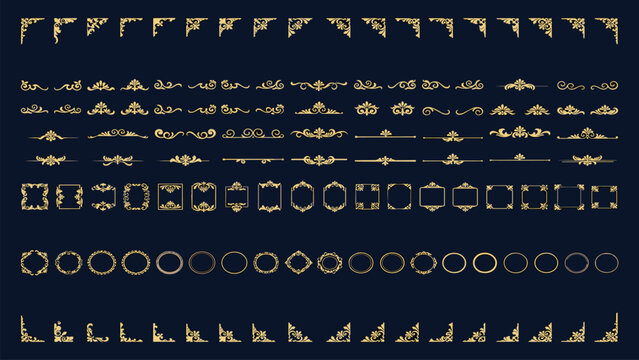 Collection of gold ornamental flourishes, decorative corners, dividers, and frames on a dark blue background
