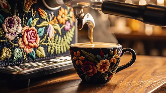 Antique Floral-Patterned Sewing Machine and Delicate Teacup Beside a Rustic Wooden Table Under Warm Ambient Lights