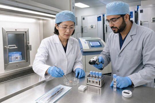 laboratory specialists divide fresh tumor tissue for diagnosis, cryogenic storage, sequencing and organoid culture while documenting each sample in a clinical biobank