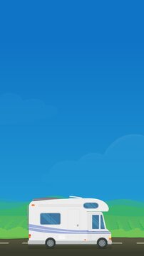Animated camper van driving on road representing road trip, summer vacation, outdoor adventure, and freedom. (loopable)