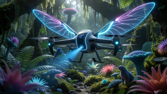 Futuristic drone with glowing butterfly wings flying through a magical bioluminescent forest.