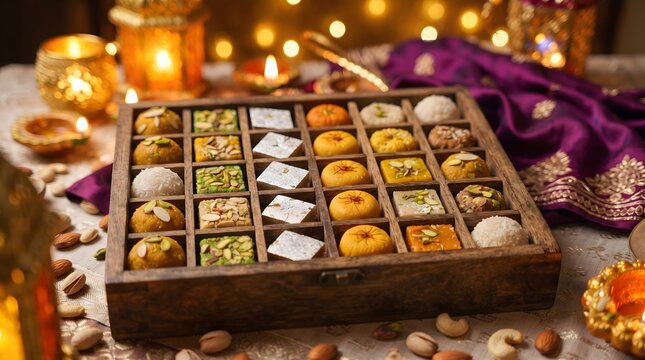 Diwali sweets in a wooden box with traditional decorations and festive lighting