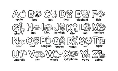 Obraz premium Alphabet Coloring Page A To Z Worksheet For Kids With Cute Animals And Objects