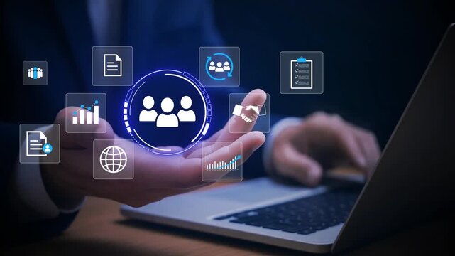 Corporate success through leadership and social network, HR and management concept. Executives touch human resource network structure. Data exchanges development. Customer service, digital marketing