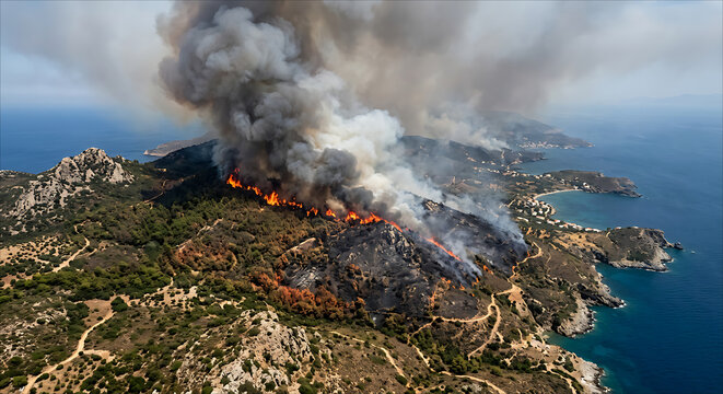 Dramatic aerial and landscape views of a massive wildfire spreading across the Greek Mediterranean coastline, producing thick smoke and intense flames near a traditional white Cyclad