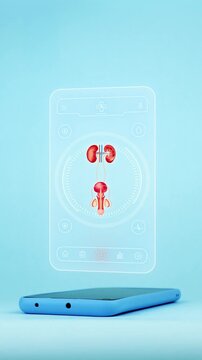 Doctor using mobile app interface on smartphone for male urinary diagnosis, innovative medical technology for early detection of bladder cancer, incontinence and dysuria. Light blue background.