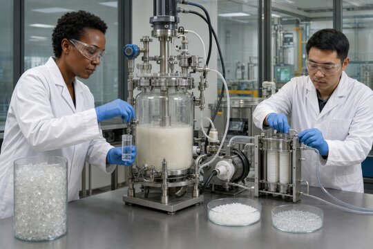 scientists sample an enzymatic recycling reactor and inspect filtration equipment that converts polyethylene terephthalate flakes into reusable monomers for circular plastic manufacturing