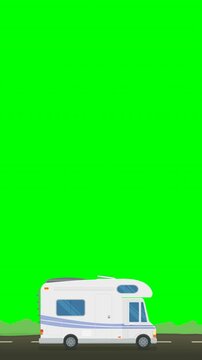 Animated camper van driving representing road trip, summer vacation, outdoor adventure, and freedom. Chroma key green screen with alpha channel. (loopable)
